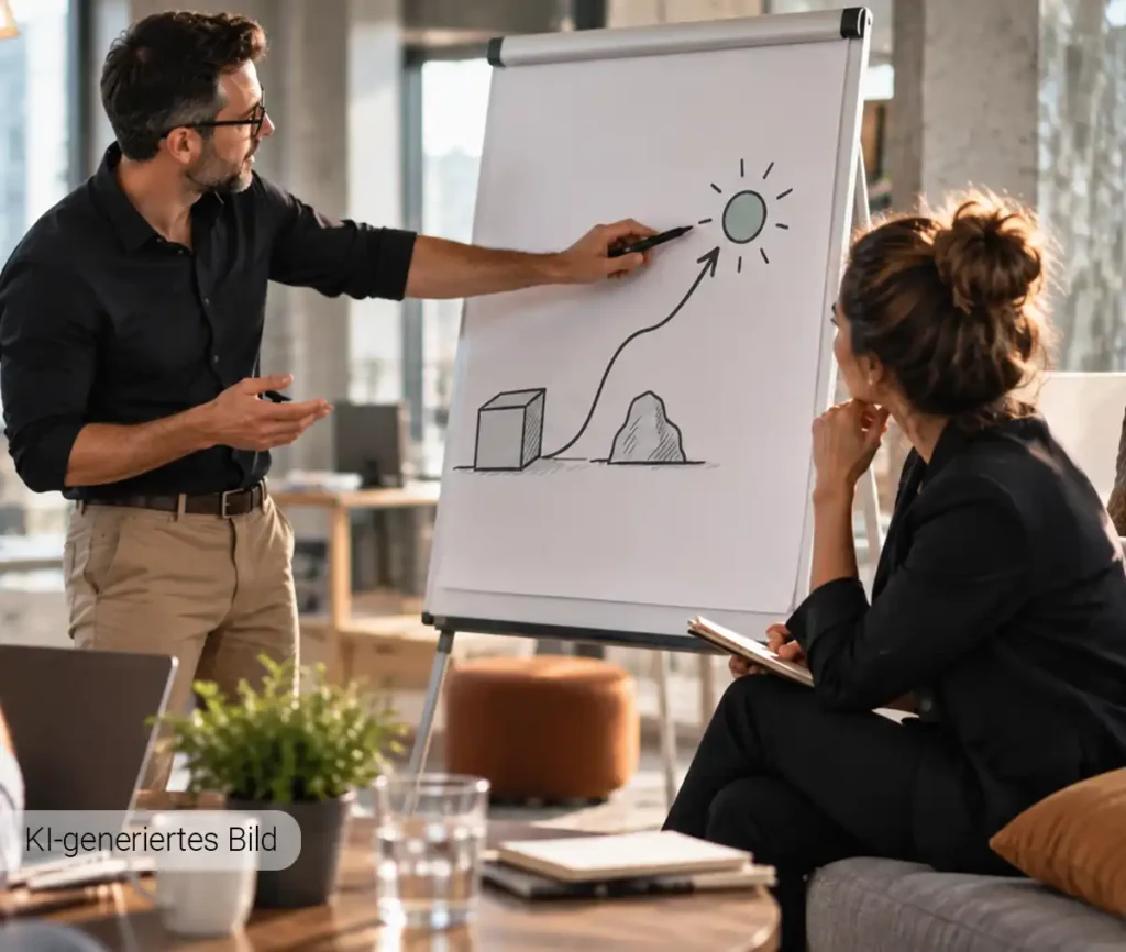 Workshop zum agilen Produktmanagement: Ein Teilnehmer zeigt auf einem Flipchart den Weg über Hindernisse hin zu einer neuen Lösung.