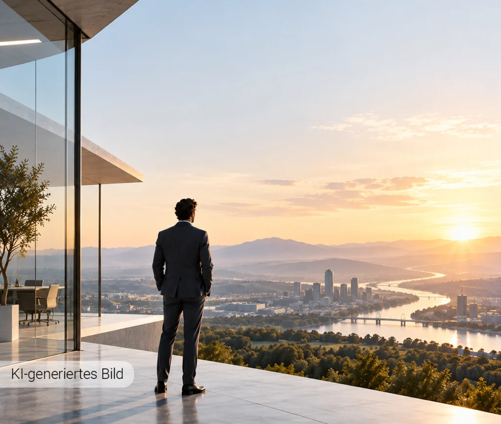 Geschäftsmann blickt von einer Terrasse auf eine Stadtlandschaft bei Sonnenuntergang.