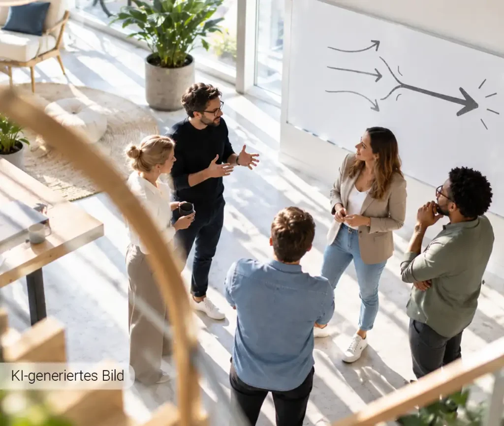 Team im Austausch vor einer Grafik, die unterschiedliche Wege zu einer gemeinsamen Richtung bündelt – als Symbol für strategisches Produktmanagement im Mittelstand.