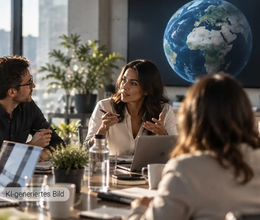 Internationales Team im Austausch über globale Märkte und gemeinsame Strategien für die internationale Expansion.