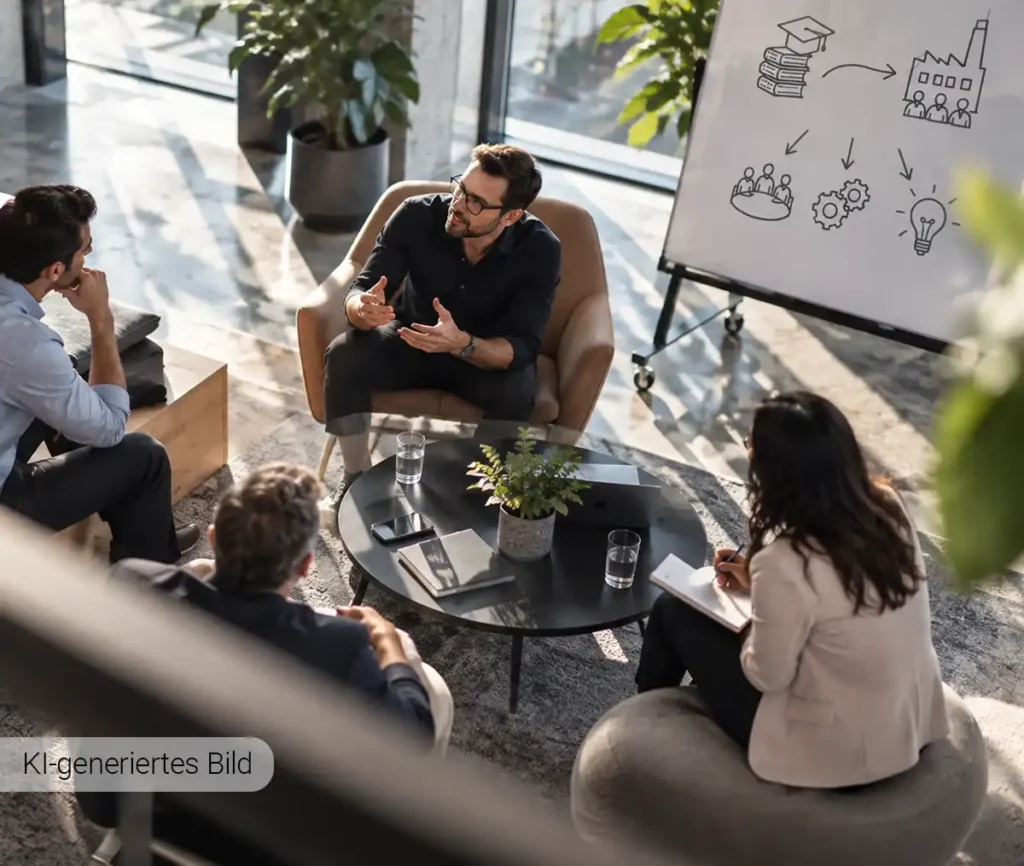 Führungskräfte im gemeinsamen Workshop vor einem Flipchart, das den Transfer von Wissen in konkrete Lösungen für Unternehmen visualisiert.